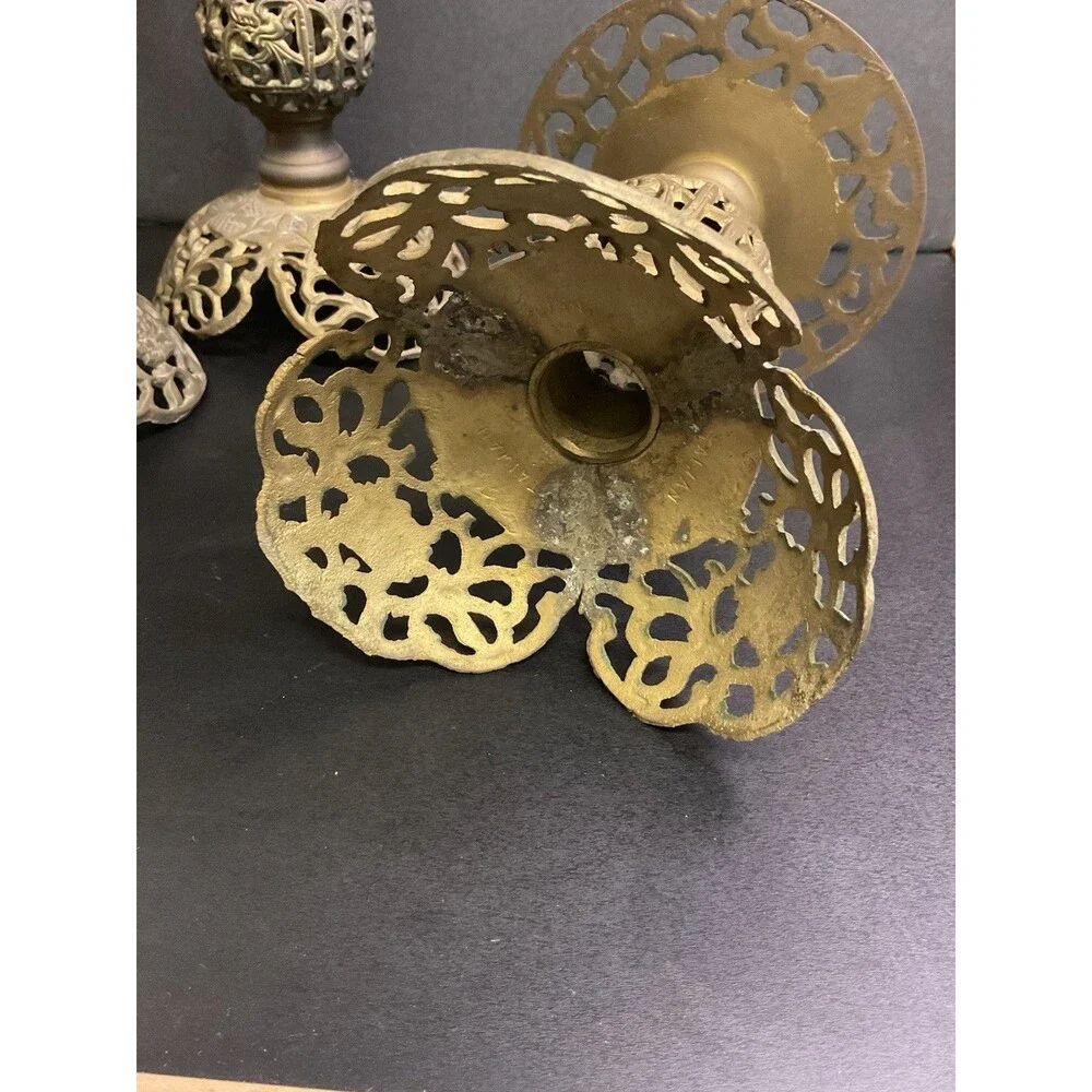 Vintage MCM Brass Filigree Set Of Candle Holders Pedestal